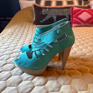 Qupid Turquoise Cutout Peep-Toe Heels